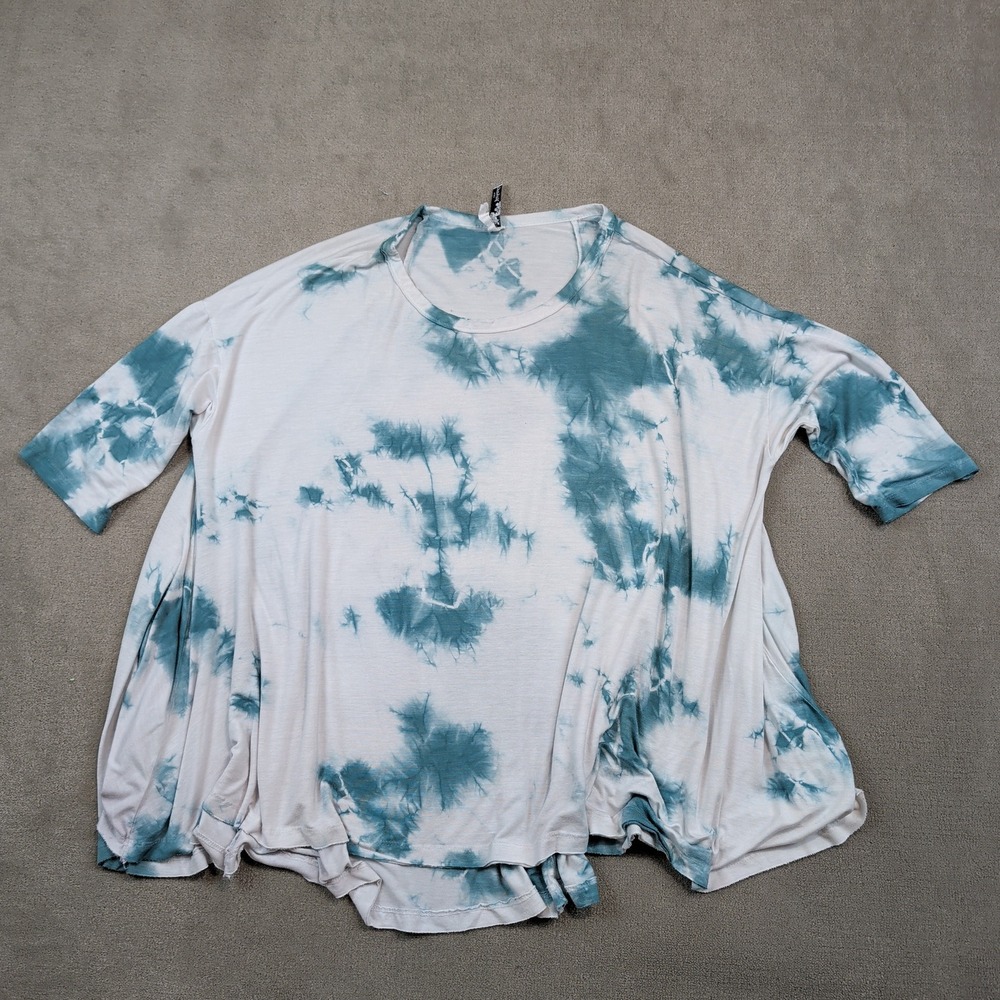 Yahada Vintage 90s Tie Dye Oversized Tunic Top M Teal White Boho Flowy Shirt